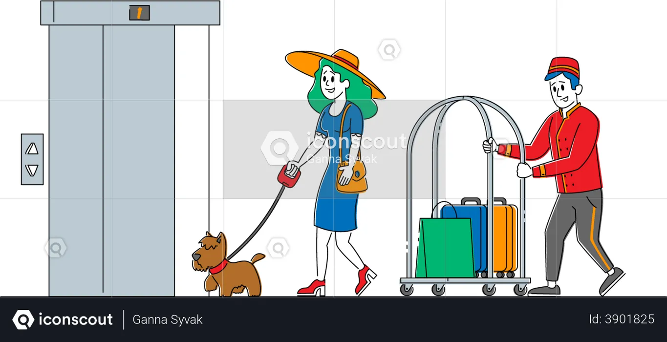 Hotel clerk carrying female tourist bags  Illustration