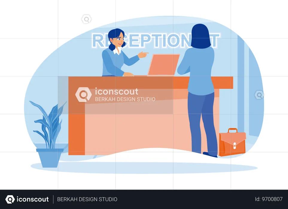 Hotel Guests Consult With The Receptionist In The Hotel Lobby  Illustration