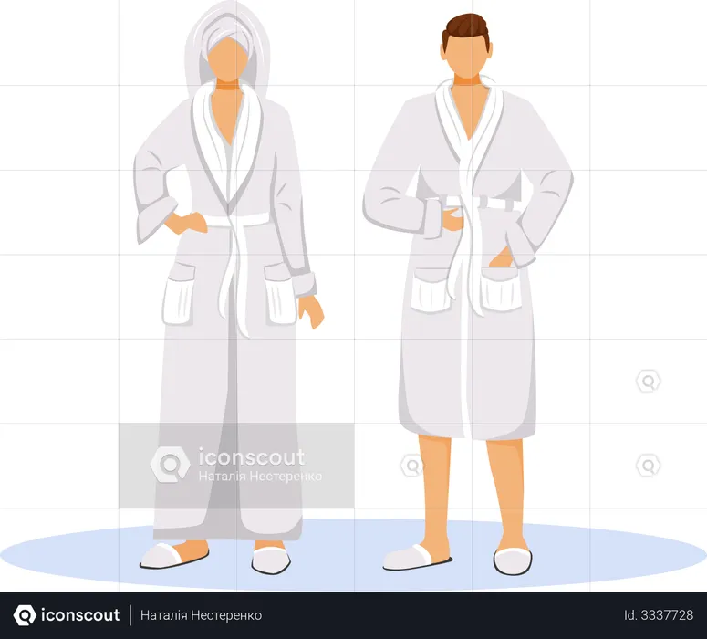 Hotel guests wearing bathrobes  Illustration