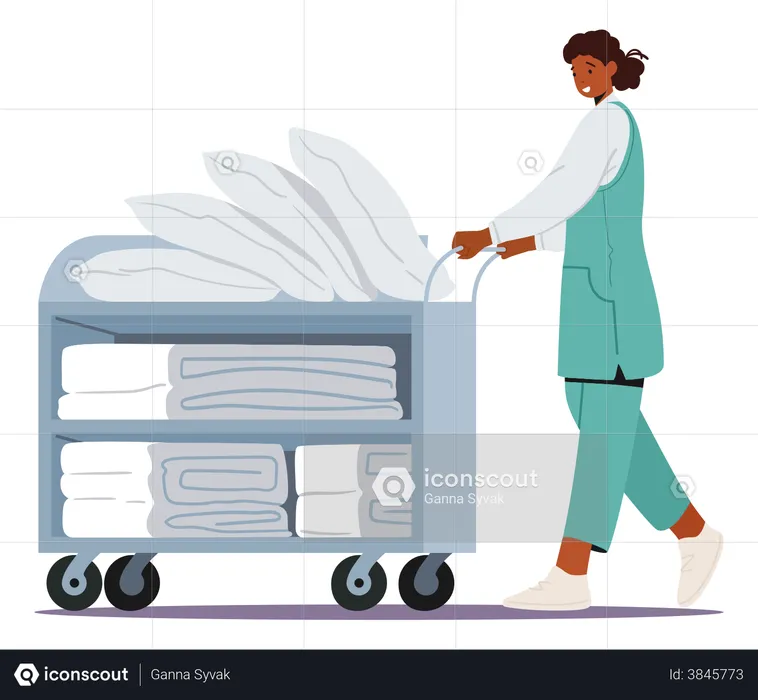 Hotel housekeeping with towels trolley  Illustration