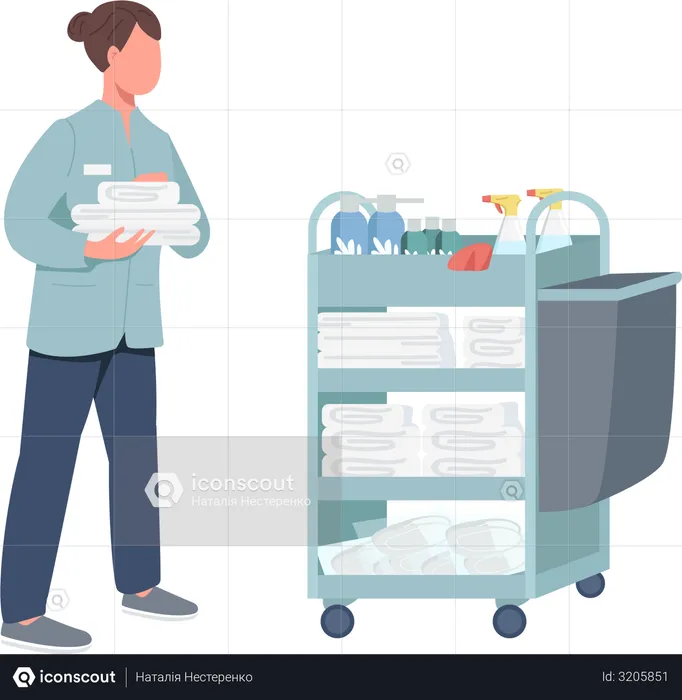 Hotel maid, housekeeper holding clean sheets  Illustration