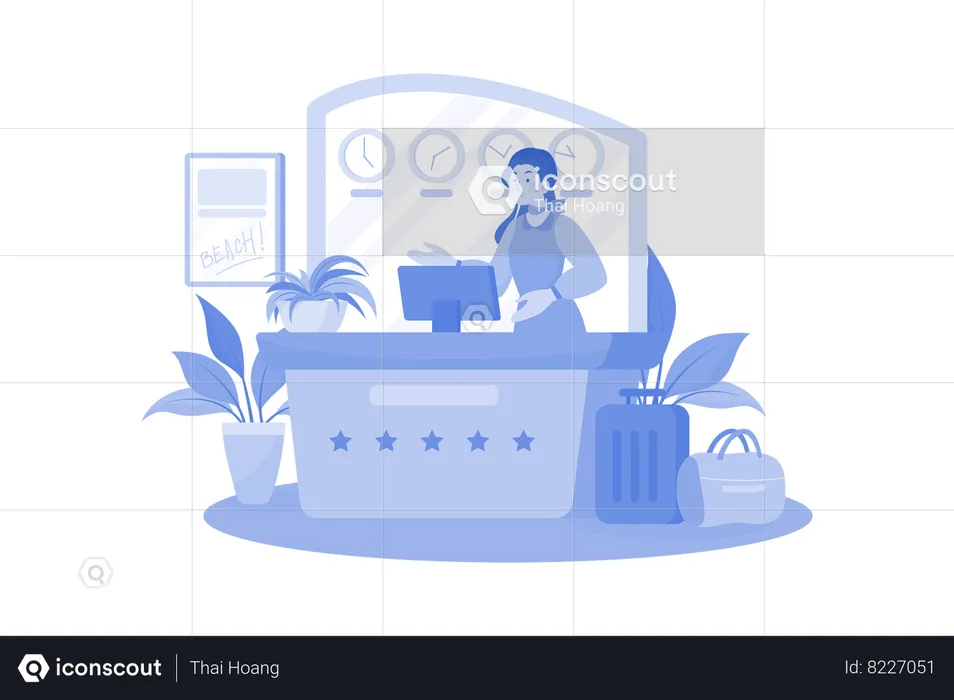 Hotel Receptionist In The Lobby At The Front Desk  Illustration