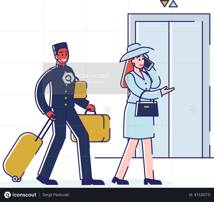 Hotel staff carrying customer luggage  Illustration