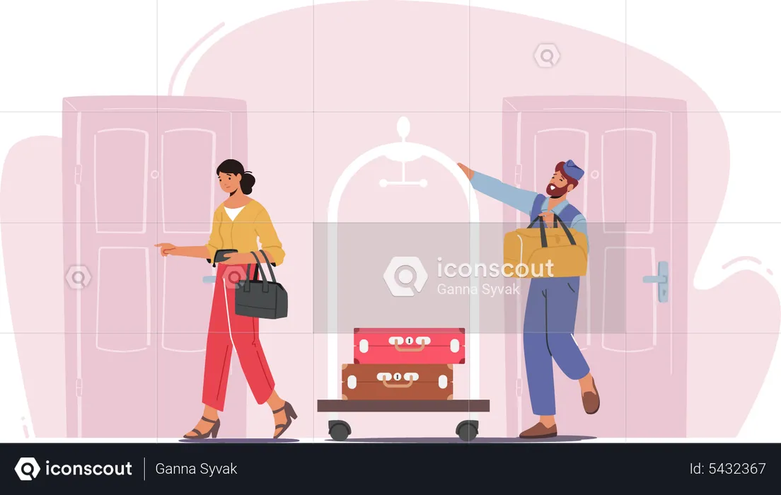 Hotel Staff Meeting Guest in Hall Carrying Luggage by Cart  Illustration
