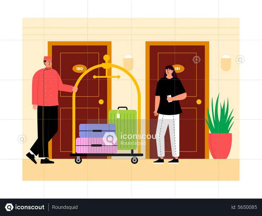 Hotel worker delivering luggage to guest  Illustration