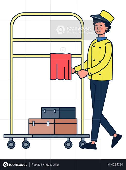 Hotel worker with luggage trolley  Illustration