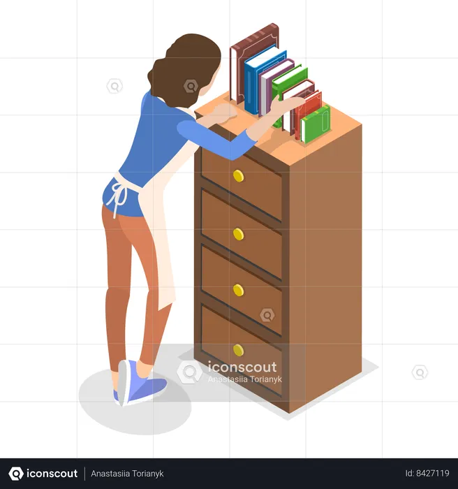 House cleaner organizing book shelf  Illustration