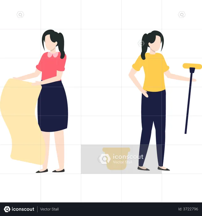 House cleaners working on cleaning house  Illustration