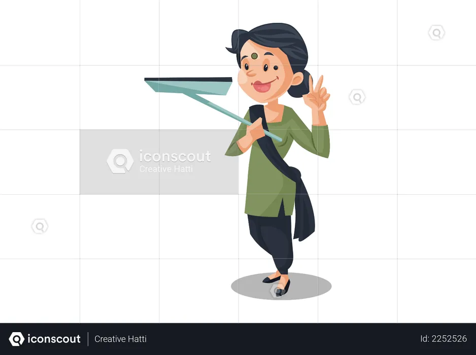 House maid is holding a mop  Illustration