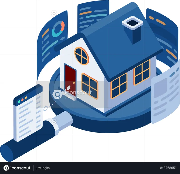 House on Magnifying Glass with Data Analysis  Illustration