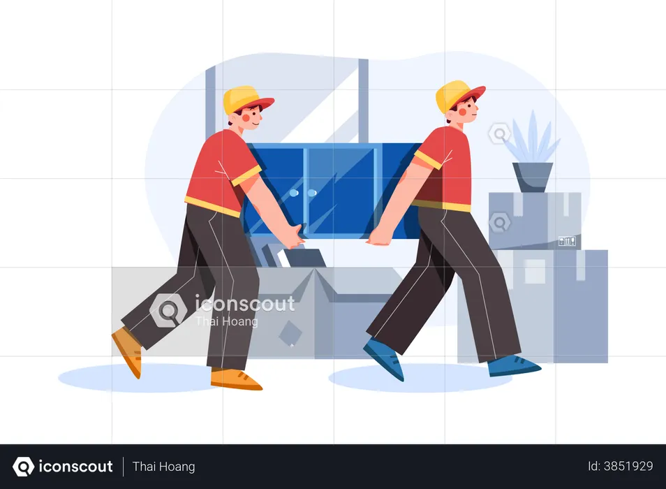 House relocation workers picking up cupboard  Illustration