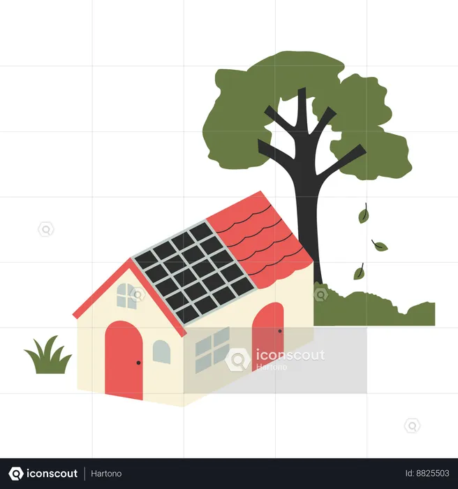 House with solar panels on the roof and tree  Illustration