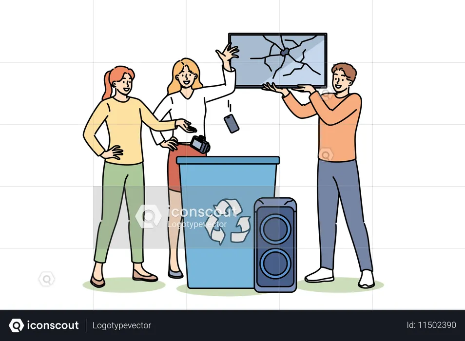 Household appliances for recycling demonstrated by people throwing devices into trash can  Illustration