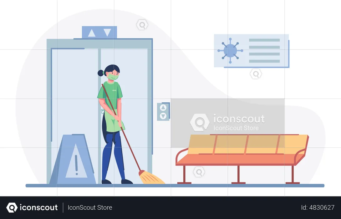 Housekeeper cleaning floor during corona  Illustration