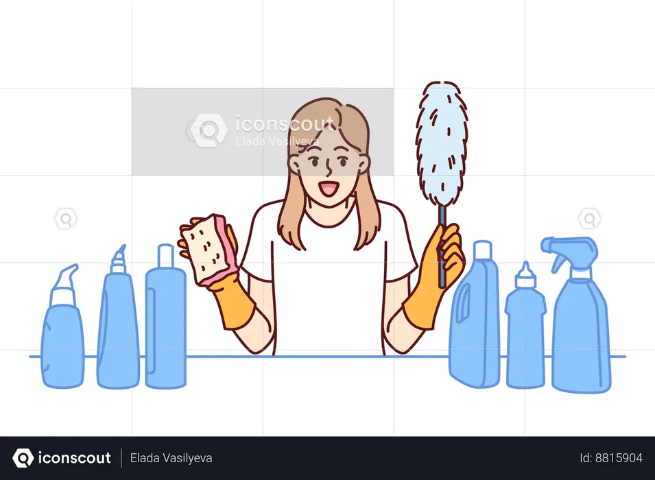 Housekeeper holds cleaning brush  Illustration