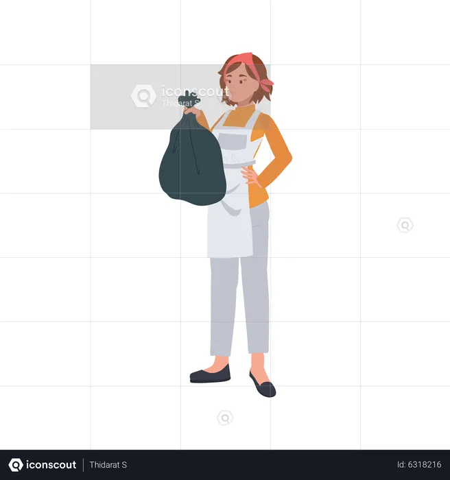 Housekeeper is holding trash bag  Illustration