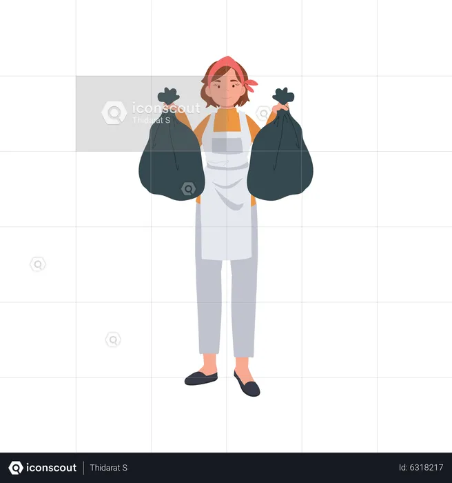 Housekeeper is holding trash bags in both hands  Illustration