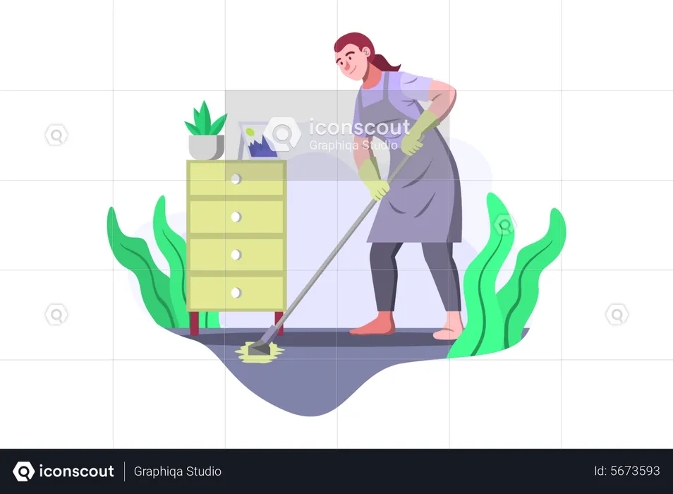 Housekeeper mopping floor using mop  Illustration