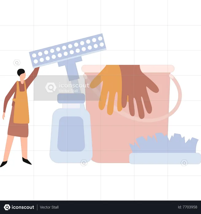 Housekeeper stands with cleaning products  Illustration