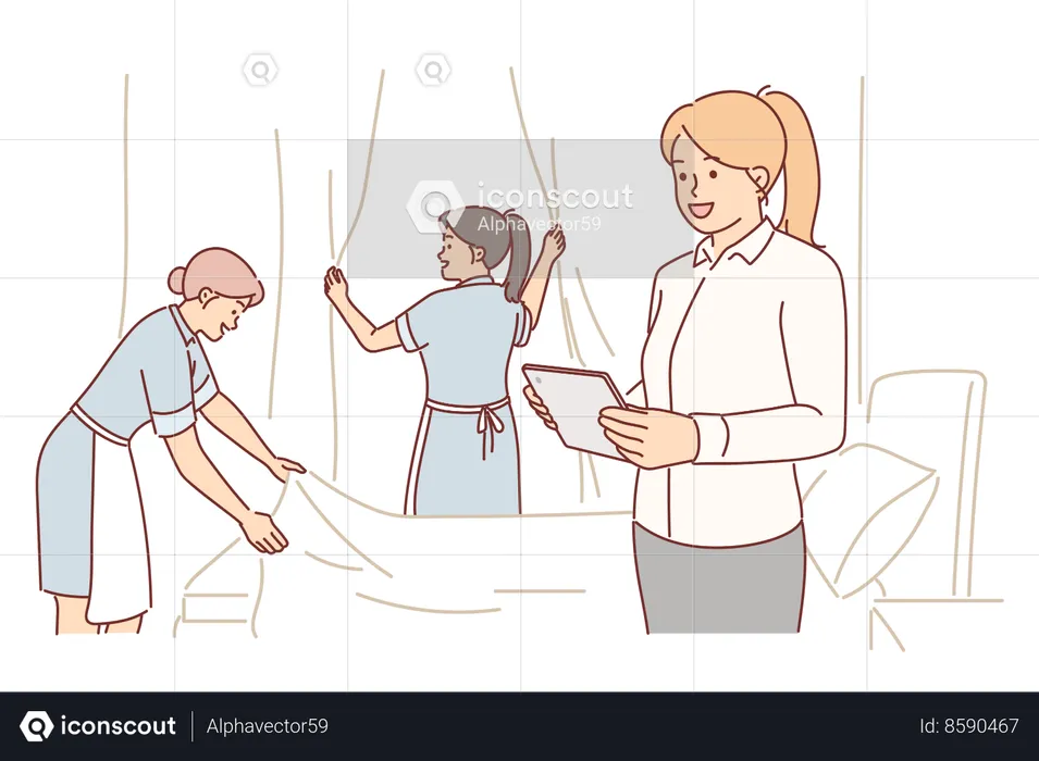 Housekeeping manager supervises the work of maids  Illustration