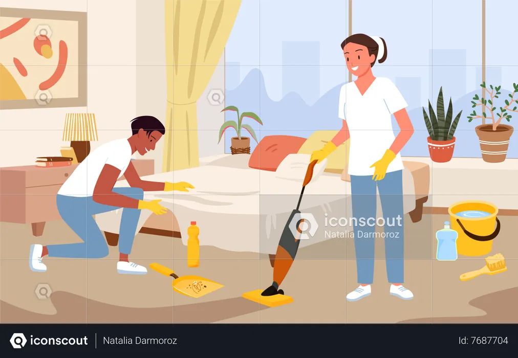 Housekeeping service inside hotel room  Illustration