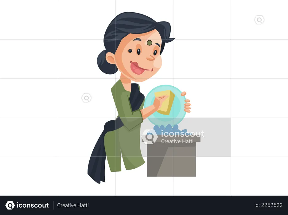 Housemaid cleaning plates of food  Illustration