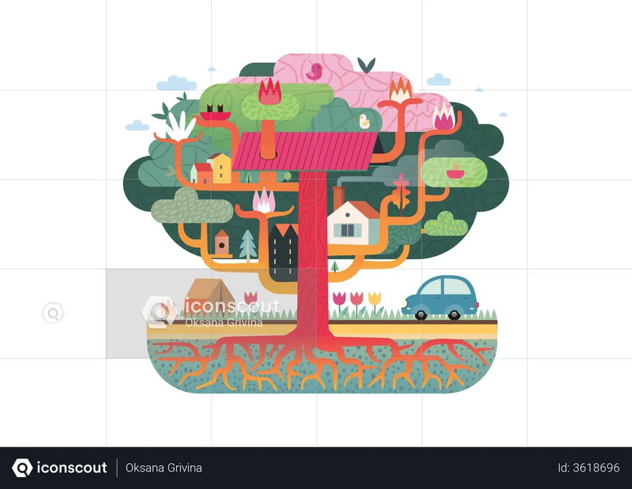 Houses connected with tree trunk  Illustration