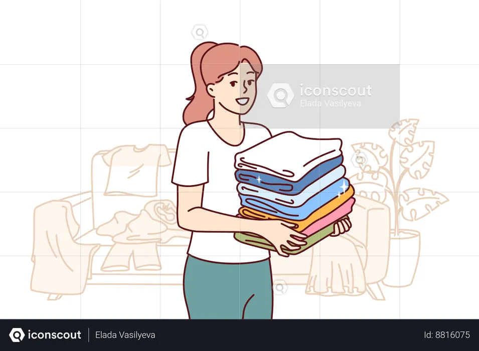 Housewife arranges clothes in cupboard  Illustration