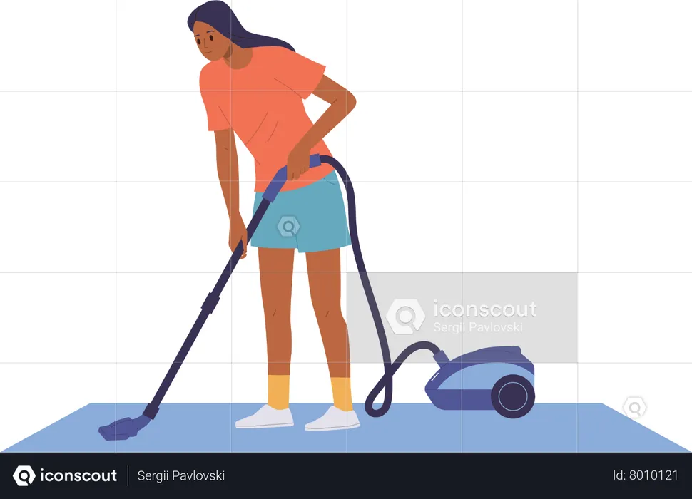 Young woman cleaning home floor with vacuum cleaner machine doing household  Illustration