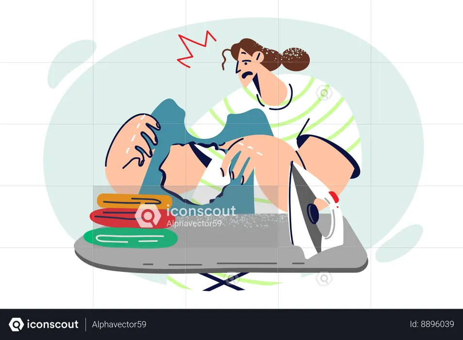 Housewife woman ironing clothes burned hole and gets upset without understanding cause mistake  Illustration