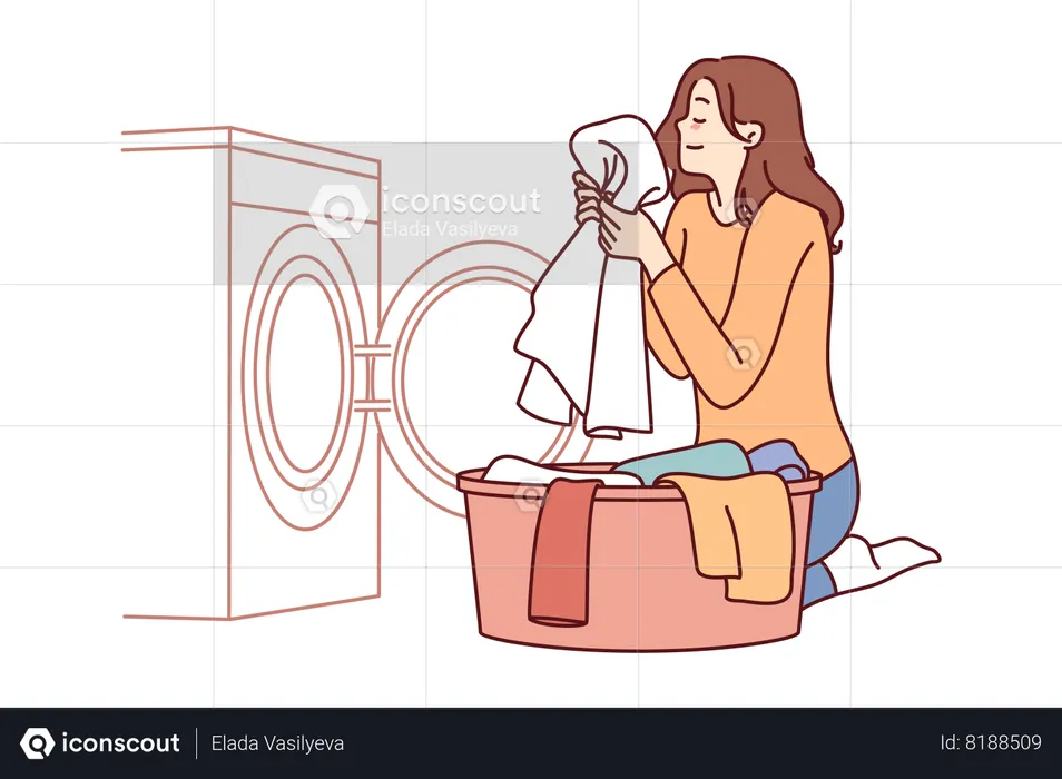 Housewife woman sits near washing machine and inhales fragrant smell of freshly washed towel  Illustration