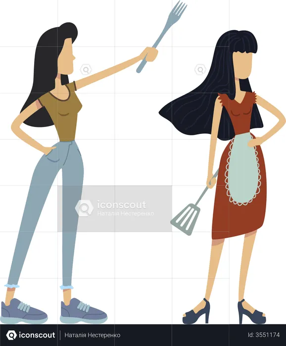 Housewives with kitchen utensils  Illustration
