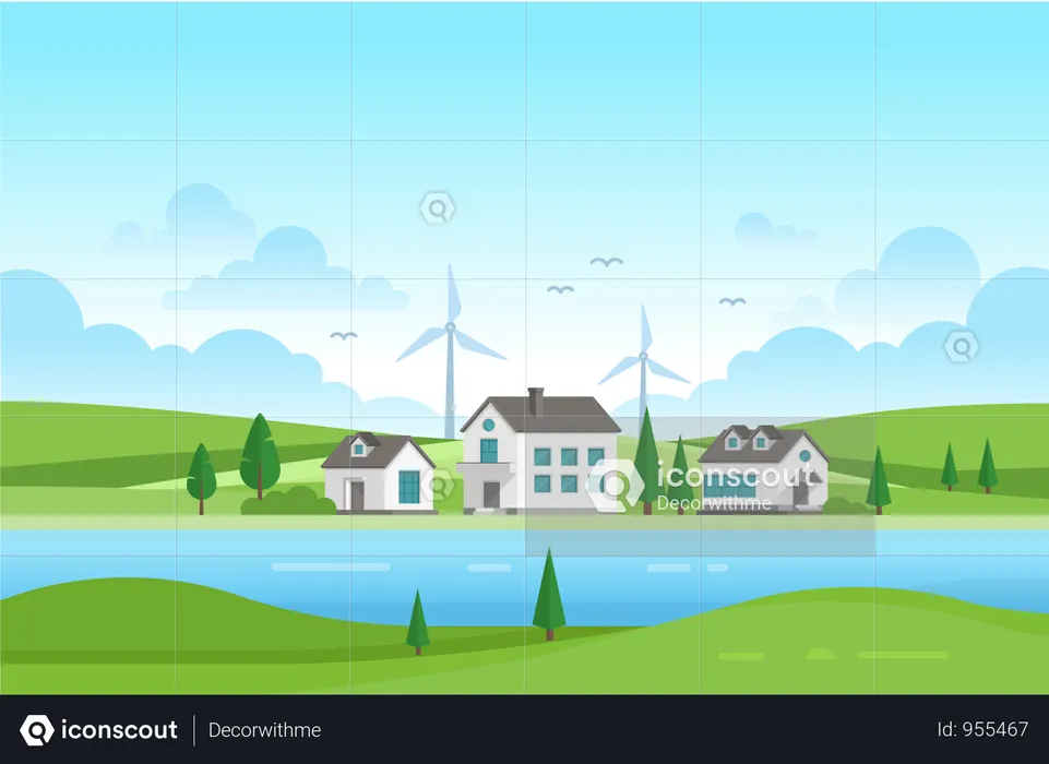 Housing Estate With Windmills By The River - Modern Vector Illustration  Illustration