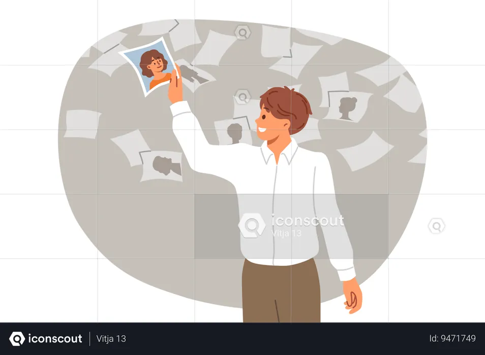 HR agent recruiting personnel and selects photo of one potential employee from variety  Illustration