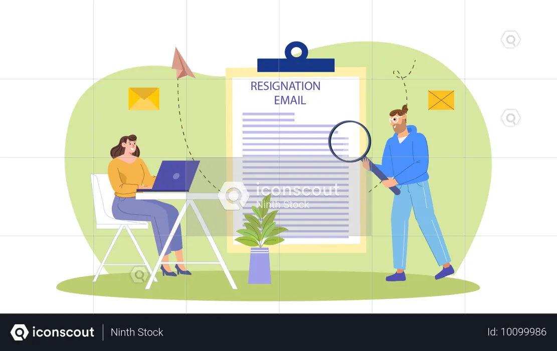RH analisa e-mail de demissão enviado por funcionário  Ilustração