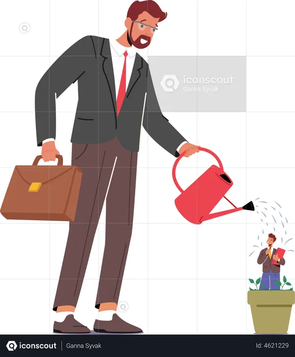 HR Manager Watering Talented Staff in Pot  Illustration