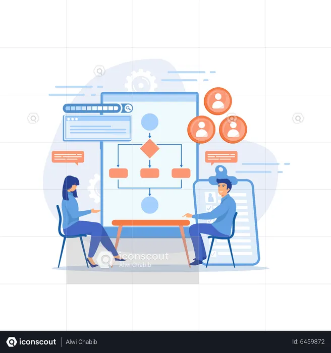 HR manager with employee at interview and explaining business flow chart  Illustration
