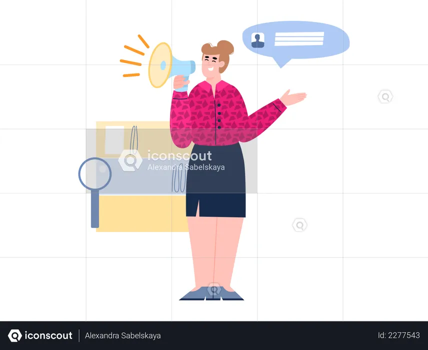 Mujer de recursos humanos con altavoz dando anuncio sobre vacante de empleo  Ilustración