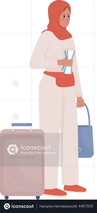 Hübsche junge Frau mit Gepäck und Flugticket  Illustration
