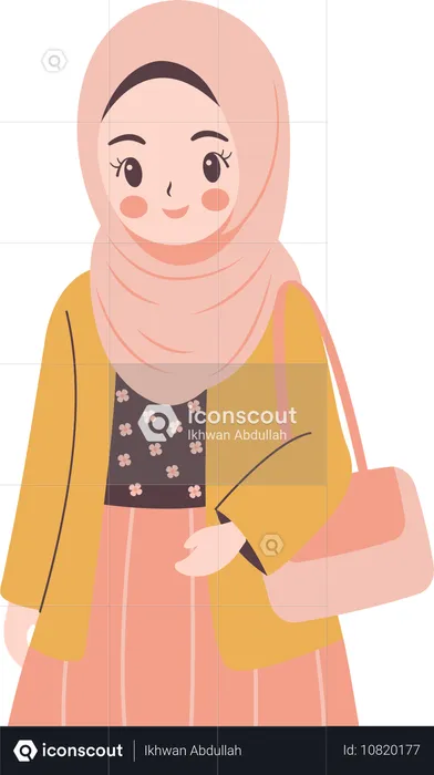 Hübsches muslimisches Mädchen trägt Hijab und Handtasche  Illustration