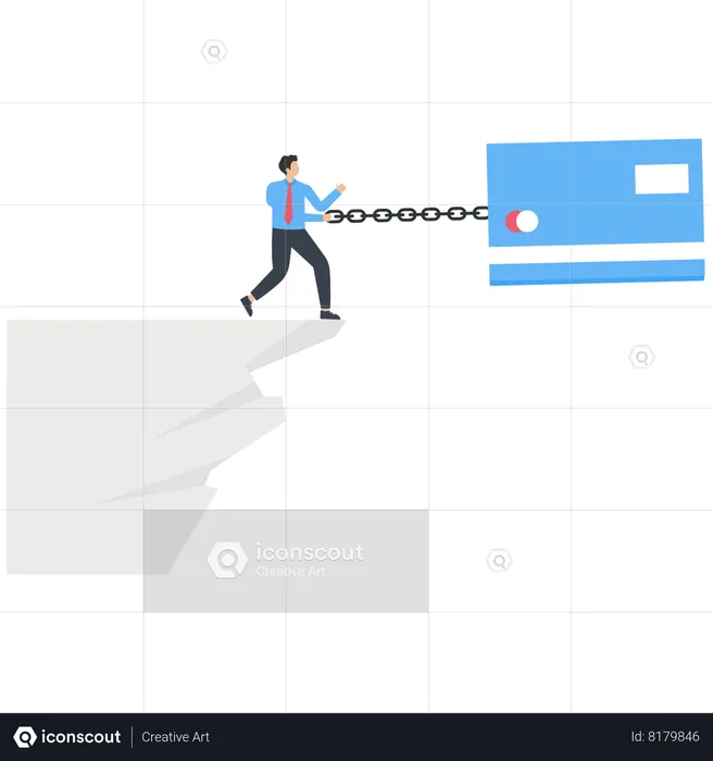 Huge credit cards tie businessmen to the edge of a cliff  Illustration
