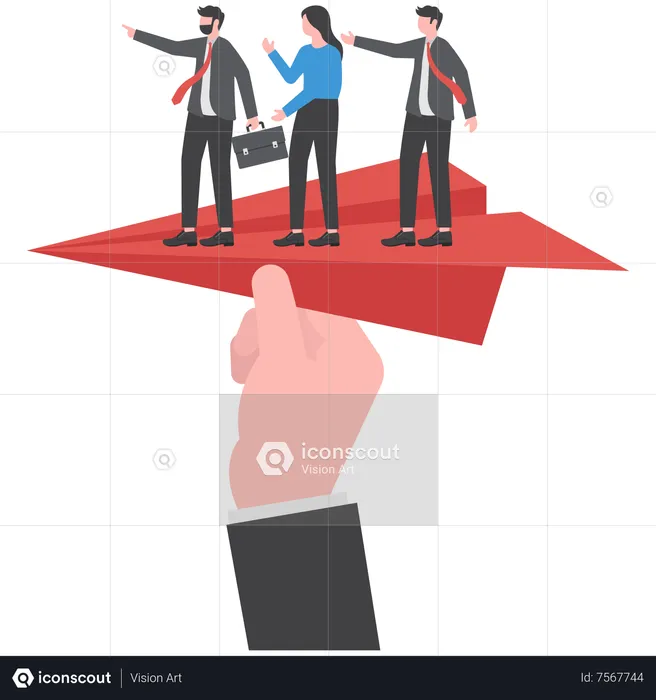 Huge hand holding paper plane and take off with group of businessman  Illustration