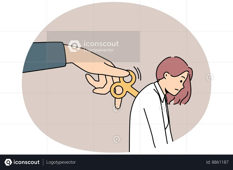 Huge hand wind up key in tired female employee back feeling exhausted  Illustration