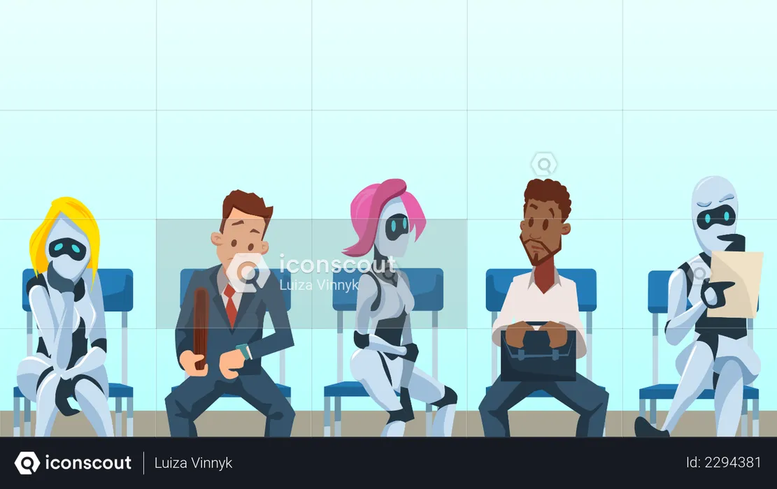 Human and robots sitting in queue  Illustration