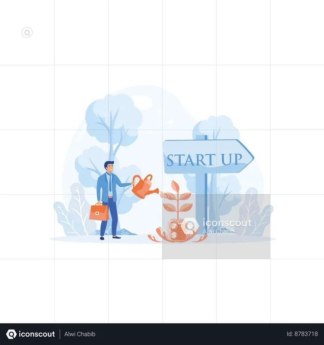Human hand with can watering tree with Start up sign board  Illustration