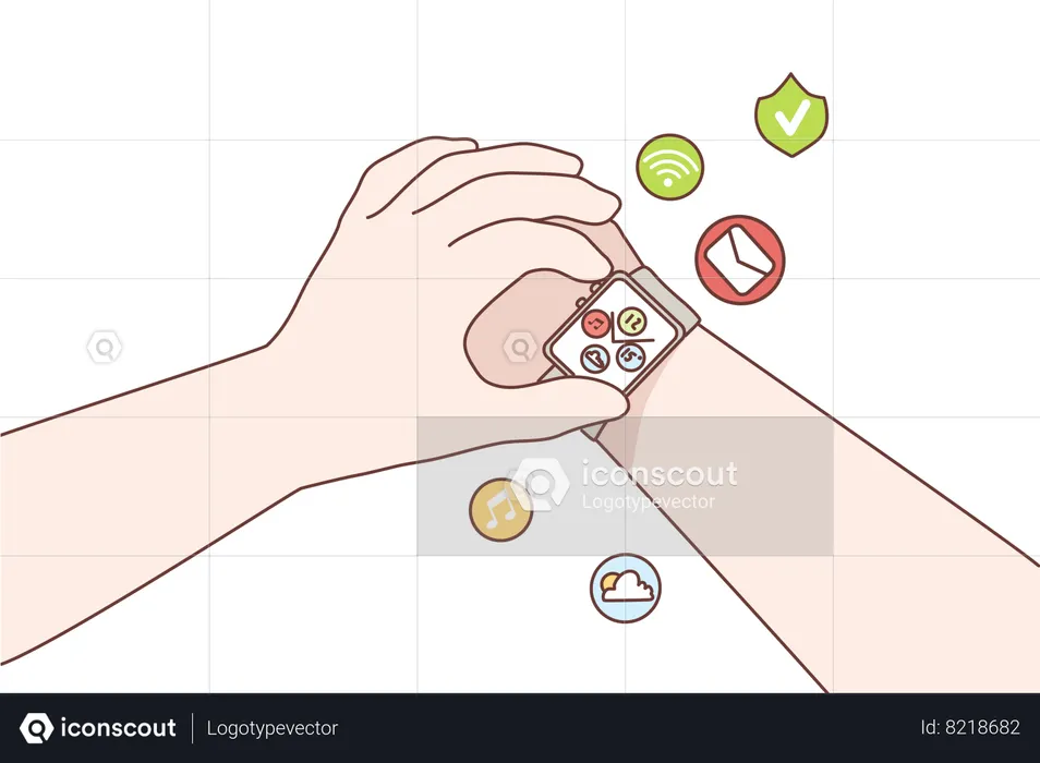 Human hands using digital smart watches with multiple functions on wrist  Illustration