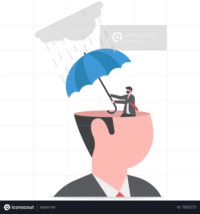 Human head with his self using umbrella to protect from heavy raining storm depression  Illustration