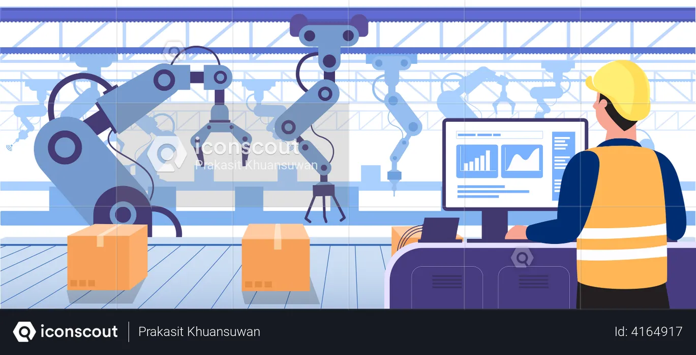 Human using computer to control the robot arms working in production convoyed  Illustration
