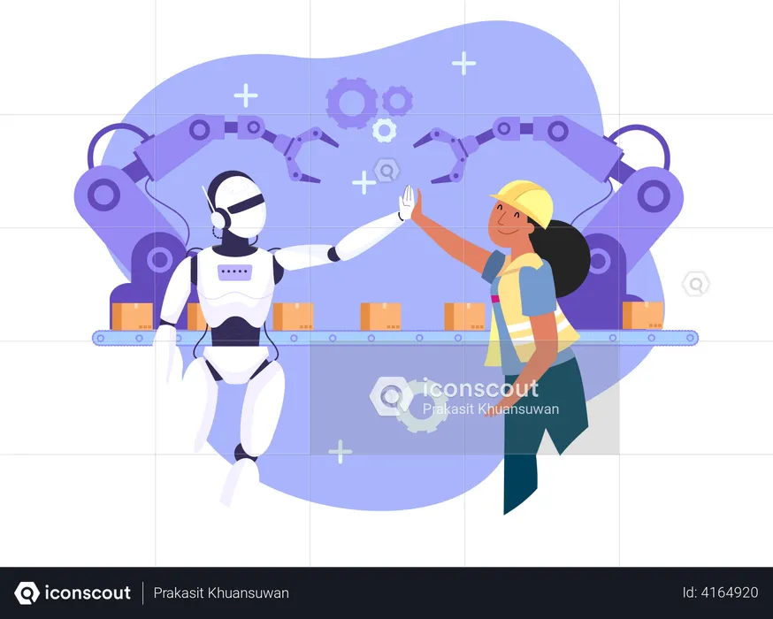 Human worker and robot giving high five  Illustration