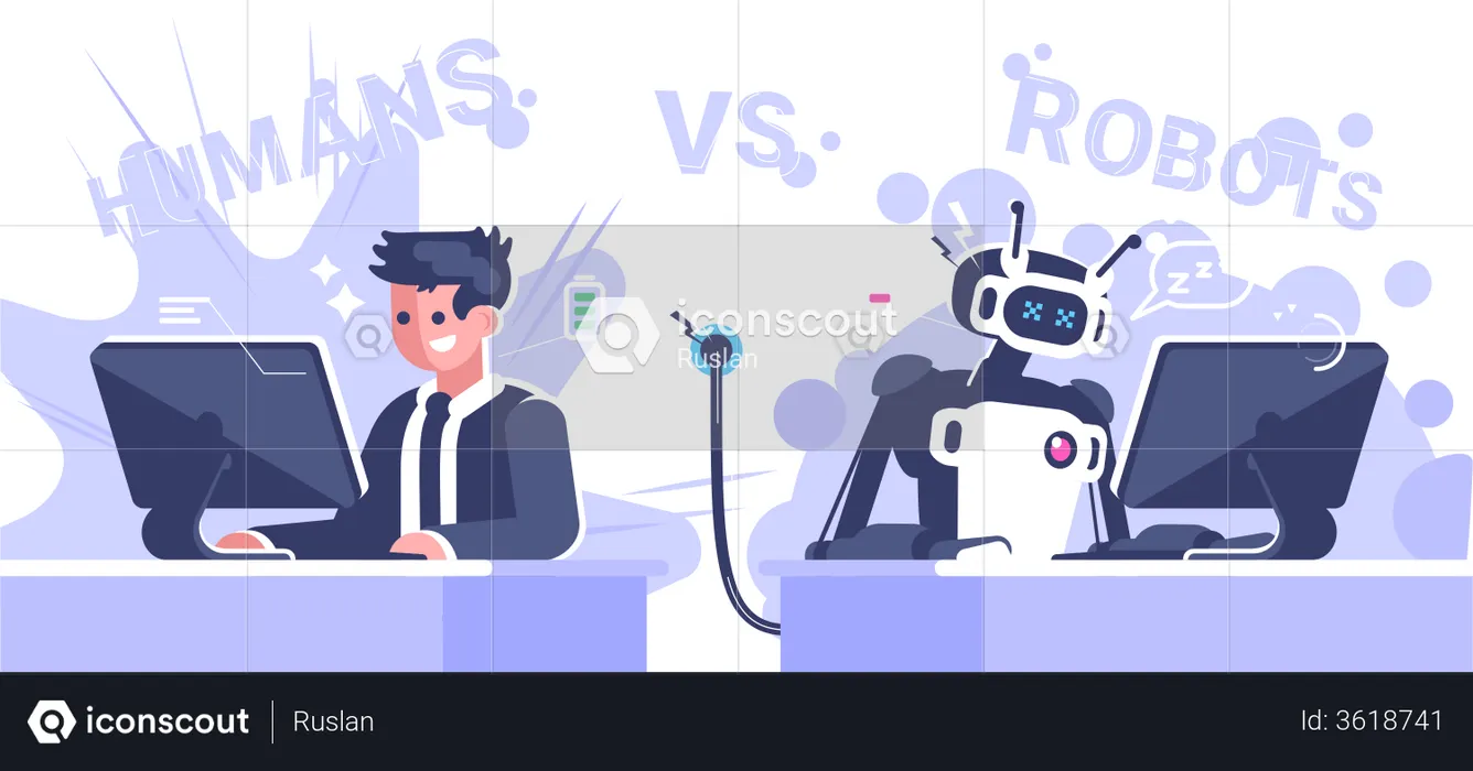 Human Worker With Low Battery Robot Working In Office  Illustration